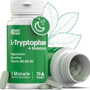 Natürliches L-Tryptophan Tabletten Hochdosiert 570mg - Schalfhilfe mit Tryptophan, Melatonin & Spirulina - Natürliche Formel für Besseren Schlaf, Weniger Angstzustände, Mehr Energie & Konzentration
