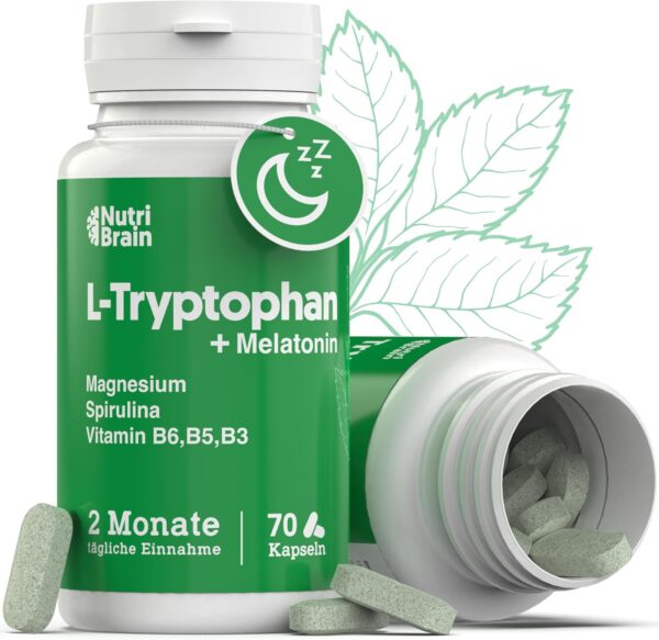 Natürliches L-Tryptophan Tabletten Hochdosiert 570mg - Schalfhilfe mit Tryptophan, Melatonin & Spirulina - Natürliche Formel für Besseren Schlaf, Weniger Angstzustände, Mehr Energie & Konzentration