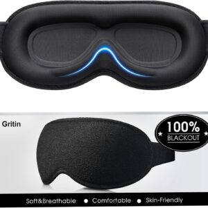 Gritin 3D Schlafmaske für Seitenschläfer, Upgrade Atmungsaktive Schlafbrille mit Verstellbar Gummiband, 100% Lichtblockierend, Bequem & Ergonomisch Augenmaske für Männer und Frauen, 2 Paar Ohrstöpseln
