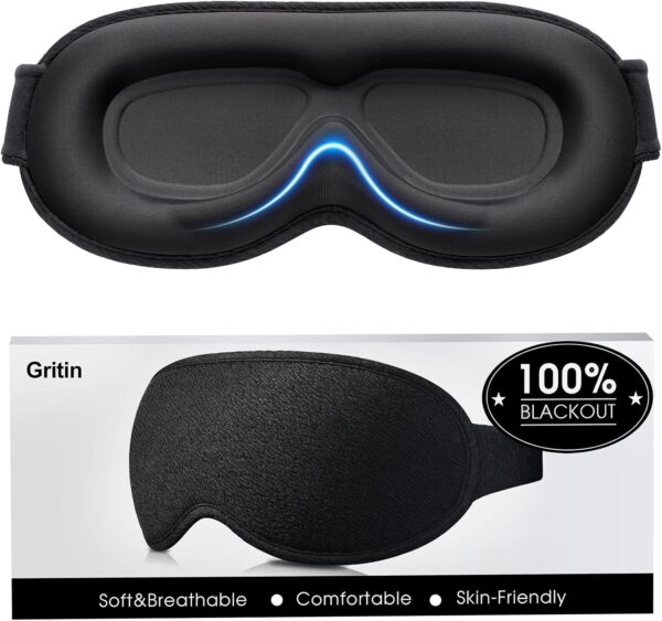 Gritin 3D Schlafmaske für Seitenschläfer, Upgrade Atmungsaktive Schlafbrille mit Verstellbar Gummiband, 100% Lichtblockierend, Bequem & Ergonomisch Augenmaske für Männer und Frauen, 2 Paar Ohrstöpseln