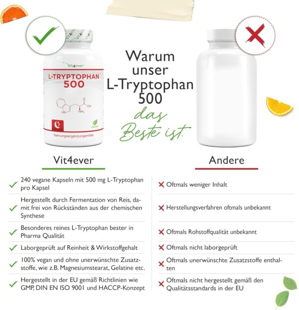L-Tryptophan 500 mg - 240 vegane Kapseln - Aus pflanzlicher Fermentation - 8 Monate Reichweite - Ohne Zusätze - Vegan – Bild 3