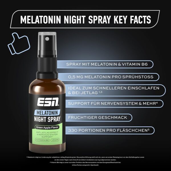 ESN Melatonin Night Spray, 50 ml, Green Apple, Einschlafspray mit Melatonin & Vitamin B6, 0,5 mg Melatonin pro Sprühstoß, natürliche Einschlafhilfe - Geprüfte Qualität - Made in Germany – Bild 3