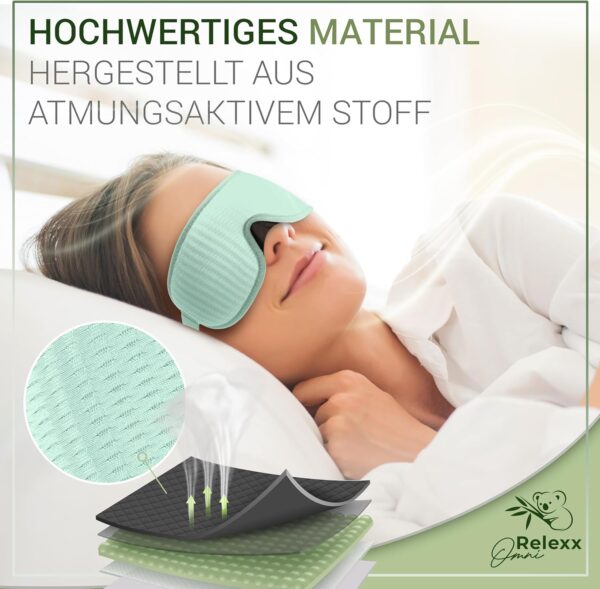 OMNIRELEXX Schlafmaske – Atmungsaktive 3D Schlafbrille – Bequeme und weiche Augenmaske für Frauen und Männer - 100% Lichtblockierend - Reisebeutel - Vertiefung für die Augen - Memory Schaum (Türkis) – Bild 2