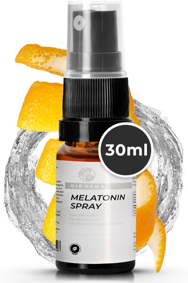 QIDOSHA® Melatonin Einschlafspray liposomal, liposomales Melatonin mit 15-fach erhöhter Bioverfügbarkeit, natürlicher Orangengeschmack, vegan, 30 ml = 180 Sprühstösse à 0,5mg Melatonin