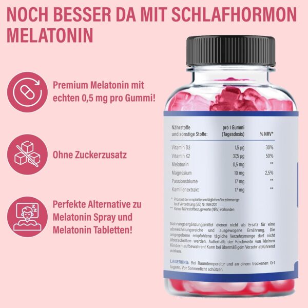 Vihado Melatonin Gummies - so lecker und soft, hochdosiert, ohne Zuckerzusatz, vegan - besser da mit Vitamin D3, K2, Passionsblume und Kamille, 60 Gummis – Bild 6