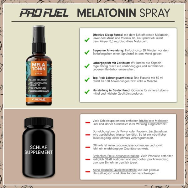 Melatonin Einschlaf-Spray 30 ml - 0,5 mg Melatonin hochdosiert + Lavendel-Extrakt & Vitamin B6 - Melatonin-Spray mit Kirsch-Geschmack (vegan) - laborgeprüft mit Zertifikat - reicht für 180 Anwendungen – Bild 3