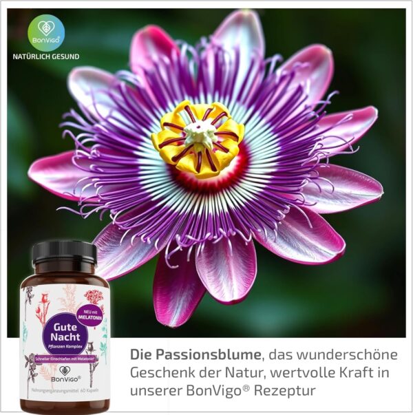 BonVigo® Gute Nacht Kapseln - Jetzt verbessert: Schneller einschlafen mit Melatonin* - Wertvolle Pflanzen-Extrakte Passionsblume und Baldrian - B-Vitamine für Nerven, Herz, Hormone – Bild 6