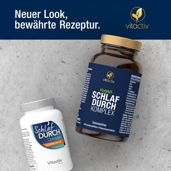 VITACTIV Schlafdurch Komplex - natürliche Durchschlafhilfe-Kapseln für Menschen, die Probleme beim Durchschlafen haben, 100% pflanzliche Inhaltsstoffe mit Hopfenblüte und Melisse – Bild 6