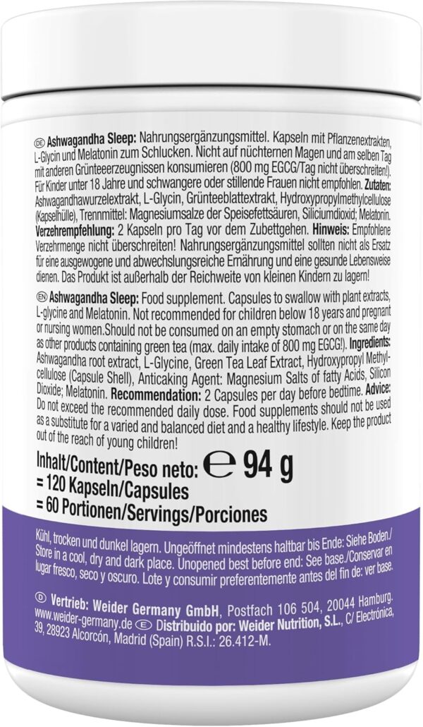 Weider Ashwagandha Sleep - KSM-66 Ashwagandha, L-Theanin, Glycin & Melatonin für Stressabbau & verbesserten Schlaf - 120 Kapseln – Bild 3