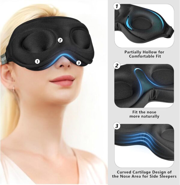 ZQQO 3D Schlafmaske füR Frauen Herren - Schwarze Bequem Augenmaske Zum Schlafen mit 15 MM Tiefer AugenhöHle, 100% Verdunkelungs Sleep Mask Perfekt füR SeitenschläFer als Flugzeug & Reise Gadgets – Bild 3