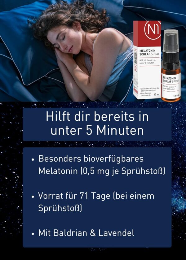N1 Melatonin Schlaf Spray - Studie belegt: hilft dir 3x schneller als Standard Melatonin - 71 Tage Vorrat - Melatonin Einschlafspray mit Baldrian & Lavendel, 10 ml VirX – Bild 3