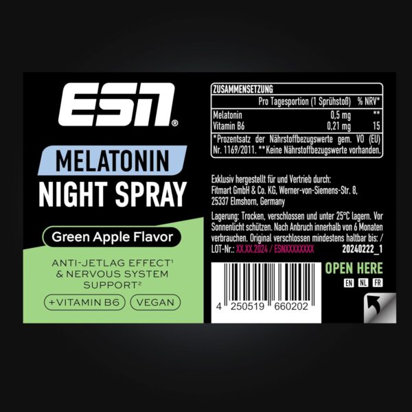 ESN Melatonin Night Spray, 50 ml, Green Apple, Einschlafspray mit Melatonin & Vitamin B6, 0,5 mg Melatonin pro Sprühstoß, natürliche Einschlafhilfe - Geprüfte Qualität - Made in Germany – Bild 4