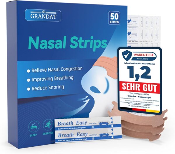 ®GRANDAT Nasenpflaster Schnarchen (50er Pack) Premium Nasenstrips gegen Schnarchen Extra Halt für Sport & bessere Schlafqualität besser Atmen bei verstopfter Nase Strips Nasal Nose (Universalgröße)