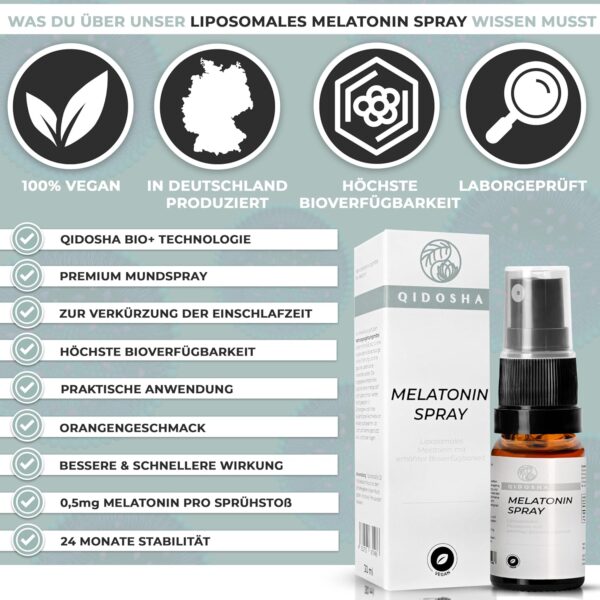 QIDOSHA® Melatonin Einschlafspray liposomal, liposomales Melatonin mit 15-fach erhöhter Bioverfügbarkeit, natürlicher Orangengeschmack, vegan, 30 ml = 180 Sprühstösse à 0,5mg Melatonin – Bild 2