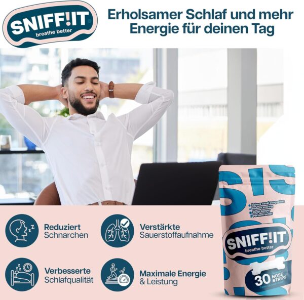 Sniffit Nasenstreifen gegen Schnarchen - 30 Stück Anti Schnarchen Nasenpflaster für einfacheres Atmen durch die Nase - Nose strips für erholsamen Schlaf & mehr Energie - Nasenpflaster Besser Atmen – Bild 5