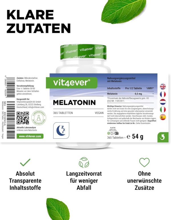 Melatonin - 365 Tabletten - 0,5 mg pro Tagesdosis (1/2 Tablette) - Laborgeprüft - Ohne unerwünschte Zusätze - Hochdosiert - Vegan – Bild 6