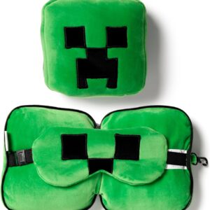 Puckator Relaxeazzz Minecraft Creeper Plüsch Reisekissen & Augenmaske Kopfstütze, Schlafkissen, Nackenkissen, Reisekopfkissen, Schlafmaske, Kinder & Erwachsene für Reise Auto, Zug Flugzeug Accessoire