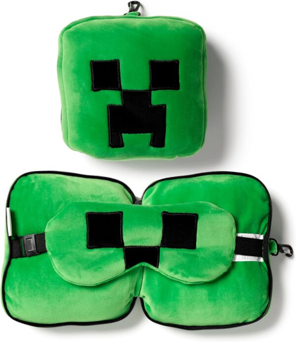 Puckator Relaxeazzz Minecraft Creeper Plüsch Reisekissen & Augenmaske Kopfstütze, Schlafkissen, Nackenkissen, Reisekopfkissen, Schlafmaske, Kinder & Erwachsene für Reise Auto, Zug Flugzeug Accessoire