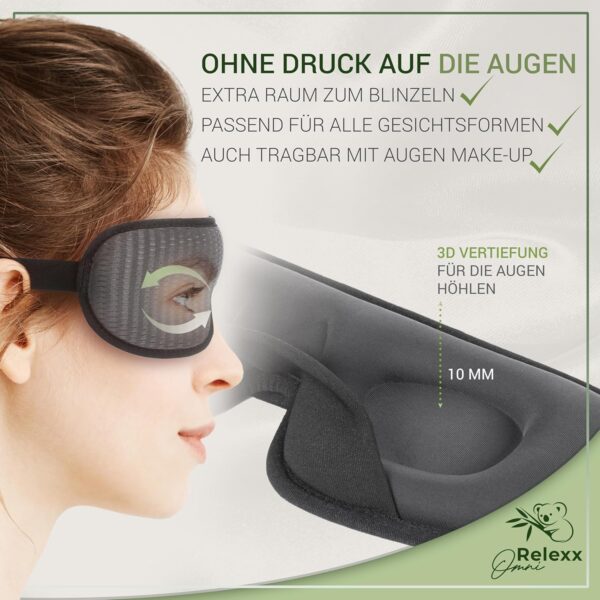 OMNIRELEXX Schlafmaske – Atmungsaktive 3D Schlafbrille – Bequeme und weiche Augenmaske für Frauen und Männer - 100% Lichtblockierend - Reisebeutel - Vertiefung für die Augen - Memory Schaum (Schwarz) – Bild 5