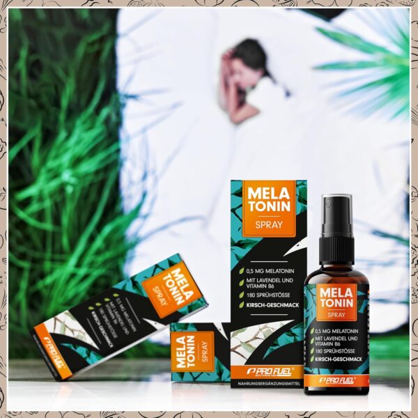 Melatonin Einschlaf-Spray 30 ml - 0,5 mg Melatonin hochdosiert + Lavendel-Extrakt & Vitamin B6 - Melatonin-Spray mit Kirsch-Geschmack (vegan) - laborgeprüft mit Zertifikat - reicht für 180 Anwendungen – Bild 4