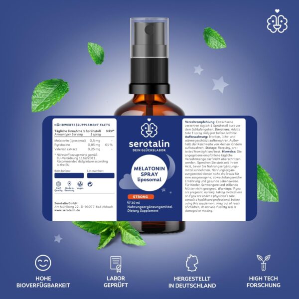 serotalin® MELATONIN SPRAY liposomal - Einschlafspray + Baldrian | Einschlafhilfe für Erwachsene | 30ml für 200 Sprühstöße – Bild 3