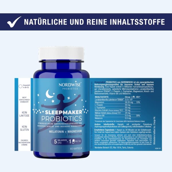 NORDWISE Sleepmaker Probiotika Kapseln mit Melatonin hochdosiert I 2-Monatsvorrat (300 Mrd. KBE/Paket) - Schlaftabletten mit Verdauungsunterstützung | Mit Magnesium & B6 – Bild 7