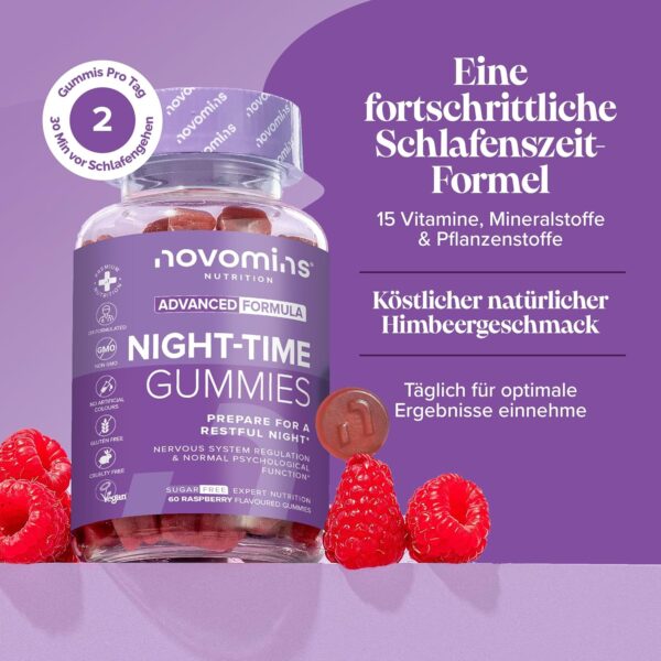 Schlafgummis – Hochwirksames, Nahrungsergänzungsmittel Unterstützung der Nacht – Melatonin-Vorläufer für die Schlafenszeit – Vegan – Glutenfrei – Magnesium – L-Theanin – B12 – von Novomins – Bild 2