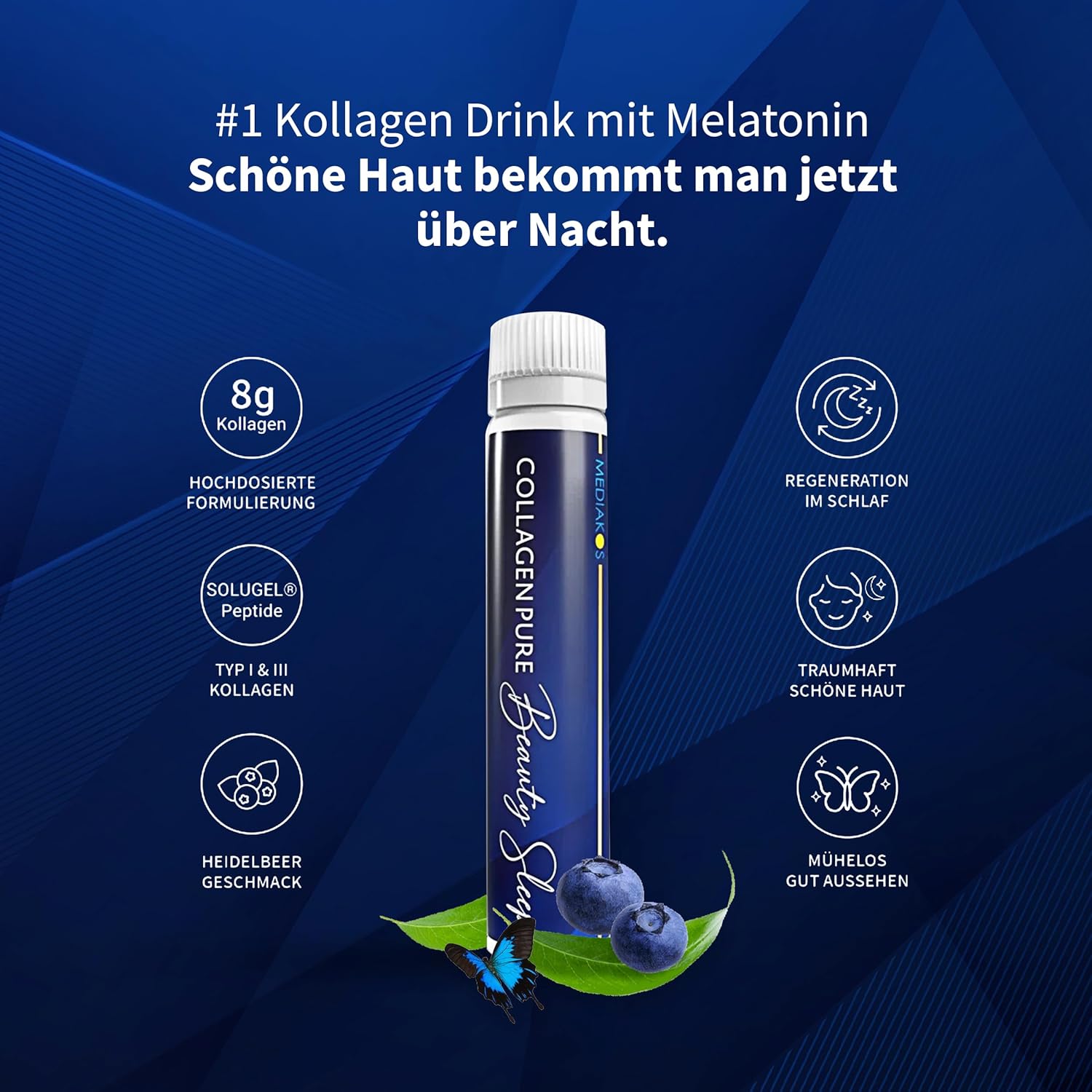 Collagen 8000mg + Melatonin - Hochdosiert Kollagen Trinkampullen - Magnesium Vitamin C Zink Hyaluronsäure L Theanin Resveratrol - 28 Trinkampullen 1 Monat Vorrat - Blaubeergeschmack - MEDIAKOS – Bild 2