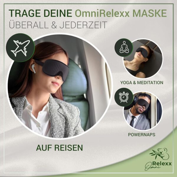 OMNIRELEXX Schlafmaske – Atmungsaktive 3D Schlafbrille – Bequeme und weiche Augenmaske für Frauen und Männer - 100% Lichtblockierend - Reisebeutel - Vertiefung für die Augen - Memory Schaum (Schwarz) – Bild 7