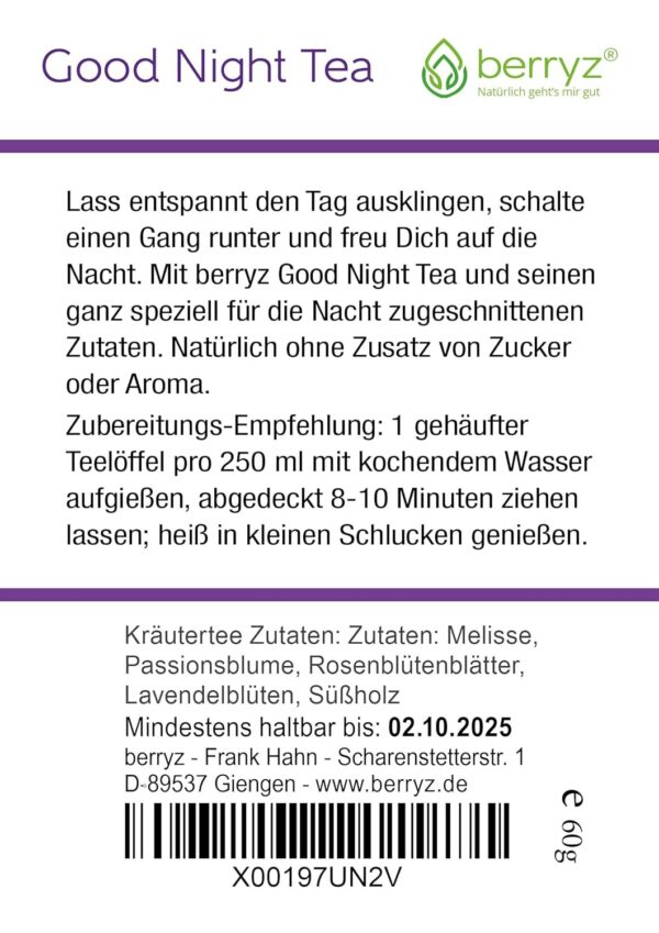 Gute-Nacht Tee mit Melisse, Passionsblume, Lavendel, Rosenblüten, Süßholz | Speziell für die Nacht zugeschnittene Zutaten – Bild 4