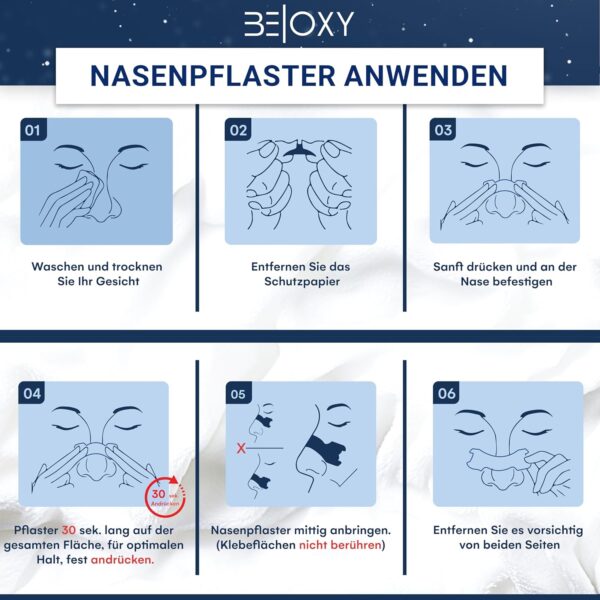 BE|OXY 50x Nasenpflaster gegen Schnarchen, Schnarchstopper extra groß u. stark | Nose-Stripes Nasal-Strips Anti-Schnarch-Pflaster transparent | Nasenstrips geeignet f. Sport, besser Schlafen u. atmen – Bild 7
