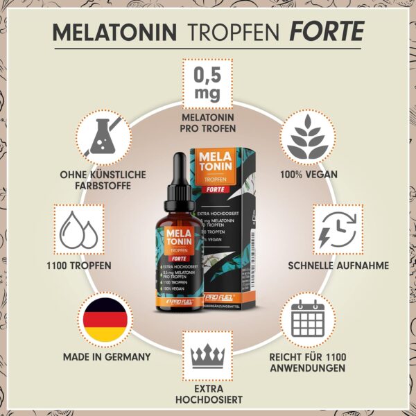 Melatonin Tropfen FORTE (30 ml) - 1100 Tropfen mit je 0,5 mg Melatonin - optimal hochdosiert & effektiv - für 1100 Anwendungen - ohne Alkohol - 100% vegan- laborgeprüft mit Zertifikat – Bild 2