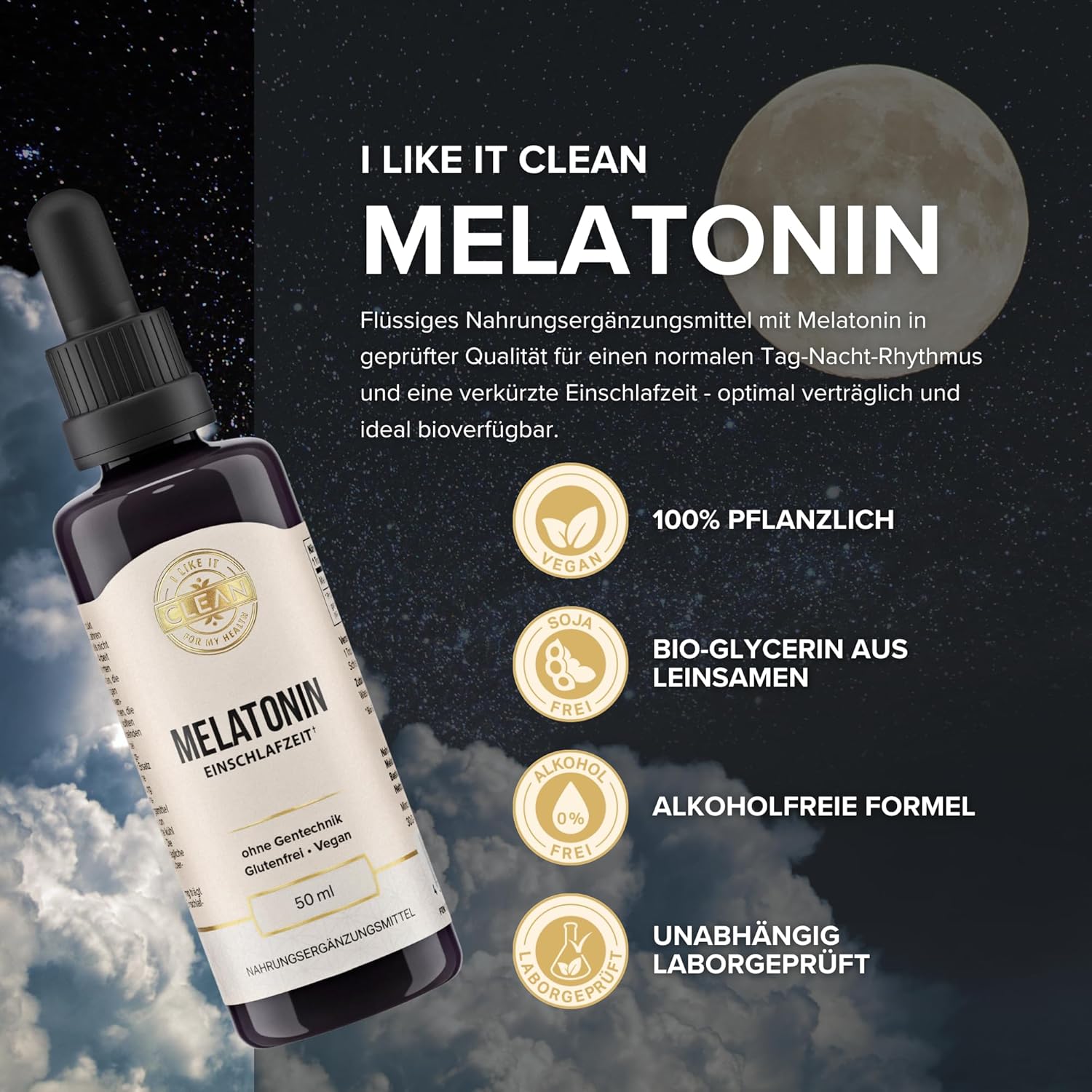 I-like-it-Clean® - Melatonin Tropfen - (50 ml) - 0,5 mg Melatonin pro Tropfen - ohne Alkohol, vegan, laborgeprüft, ohne unerwünschte Zusatzstoffe - geschmacksneutral - in Deutschland produziert – Bild 2