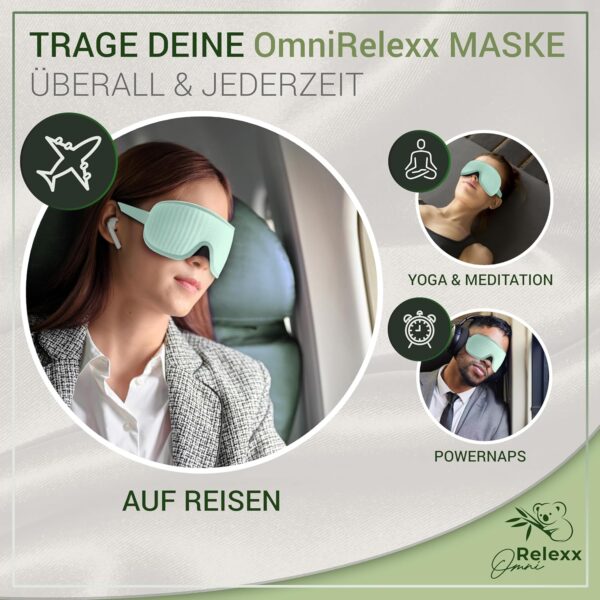 OMNIRELEXX Schlafmaske – Atmungsaktive 3D Schlafbrille – Bequeme und weiche Augenmaske für Frauen und Männer - 100% Lichtblockierend - Reisebeutel - Vertiefung für die Augen - Memory Schaum (Türkis) – Bild 7