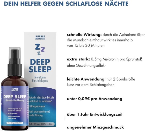 SUPPLEMINDS Deep Sleep Spray – Extra starkes Melatonin Einschlafspray hochdosiert mit 0,5mg Melatonin pro Sprühstoß, Schlafspray mit Minzgeschmack, ohne Alkohol, vegan + zuckerfrei, 50ml – Bild 2