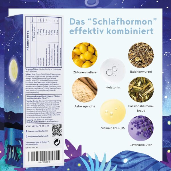 Melatonin Einschlafspray Hochdosiert - 400 Tage Vorrat (50ml) - mit Baldrian, Passionsblume, Melisse, Lavendel, Vitamin B6 & B1 - Sleep Spray ohne Alkohol - Vegan - Himbeer-Geschmack - Alpha Foods – Bild 3