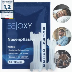 BE|OXY 50x Nasenpflaster gegen Schnarchen, Schnarchstopper extra groß u. stark | Nose-Stripes Nasal-Strips Anti-Schnarch-Pflaster transparent | Nasenstrips geeignet f. Sport, besser Schlafen u. atmen