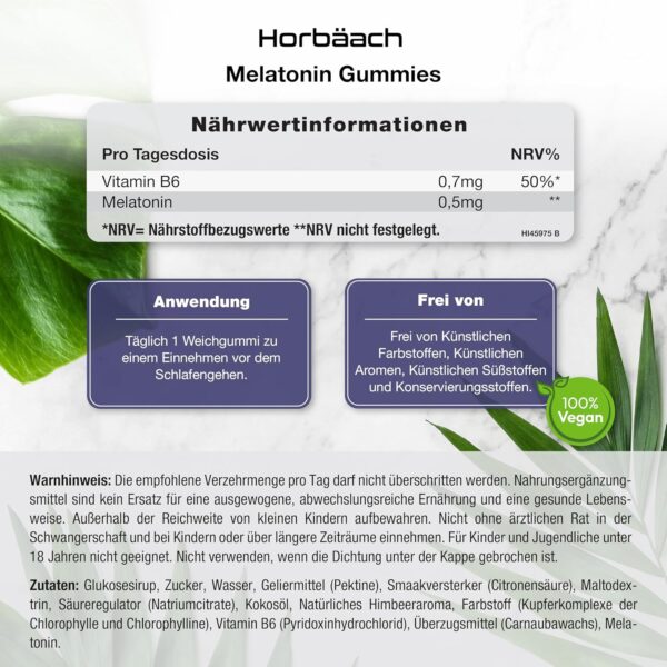 Melatonin Gummies mit Vitamin B6 | Hochdosiert Melatonin | 2 Monate Vorrat - 60 Gummibärchen | Horbaach – Bild 3