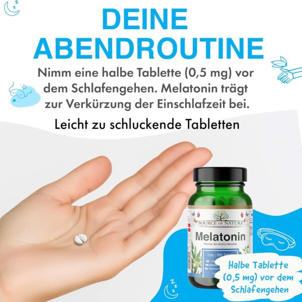 Source of Nature® | 365 Premium Melatonin-Tabletten | 2-Jahres-Vorrat | 0,5 mg pro Dosis (½ Tablette) | Hohe Dosis | Keine unerwünschten Zusatzstoffe | Premium Dänische Marke | Unabhängig getestet – Bild 5