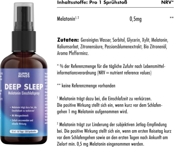 SUPPLEMINDS Deep Sleep Spray – Extra starkes Melatonin Einschlafspray hochdosiert mit 0,5mg Melatonin pro Sprühstoß, Schlafspray mit Minzgeschmack, ohne Alkohol, vegan + zuckerfrei, 50ml – Bild 3