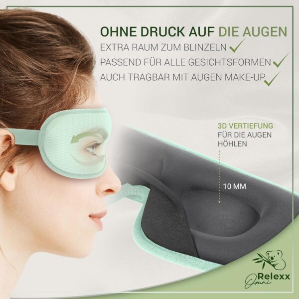 OMNIRELEXX Schlafmaske – Atmungsaktive 3D Schlafbrille – Bequeme und weiche Augenmaske für Frauen und Männer - 100% Lichtblockierend - Reisebeutel - Vertiefung für die Augen - Memory Schaum (Türkis) – Bild 5