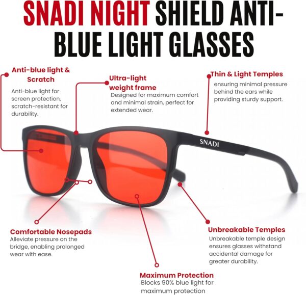 Snadi SHIELD: Blaulichtblockierende Brillen (70-99%) für Bildschirme, Fernsehen, Computer, Spiele und Künstliches Licht. Verbessern den Schlaf durch Natürliche Melatoninproduktion – Bild 2