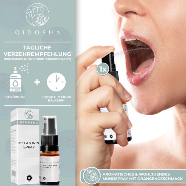 QIDOSHA® Melatonin Einschlafspray liposomal, liposomales Melatonin mit 15-fach erhöhter Bioverfügbarkeit, natürlicher Orangengeschmack, vegan, 30 ml = 180 Sprühstösse à 0,5mg Melatonin – Bild 7