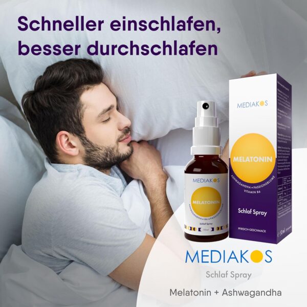 Mediakos® Melatonin Einschlafspray mit Ashwagandha (50ml) - Hochdosiertes Melatonin Spray mit Passionsblume & Vitamin B6 - Schlafspray für direkte & kontaktlose Anwendung - Pfirsich-Geschmack – Bild 3