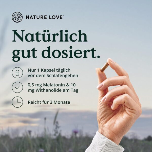 NATURE LOVE® Nacht - 90 Kapseln - mit natürlichem Melatonin, Ashwagandha, Baldrian, Lavendel und Zitronenmelisse - 0,5mg Melatonin pro Kapsel - laborgeprüft und in Deutschland hergestellt – Bild 3