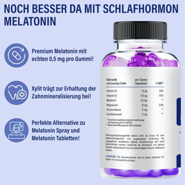 Vihado Melatonin Gummies - so lecker und soft, hochdosiert, zuckerfrei, vegan - besser da mit Vitamin D3, K2, Passionsblume und Kamille, 60 Gummis – Bild 6
