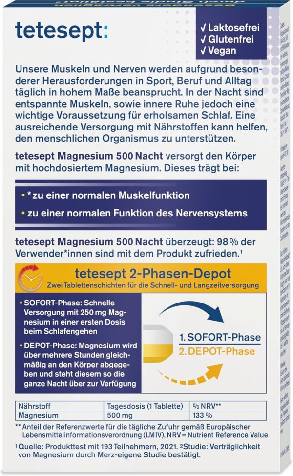 tetesept Magnesium 500 Nacht - Nahrungsergänzungsmittel mit hochdosiertem Magnesium - entspannte Muskeln im Schlaf mit Magnesium Tabletten - 5 x 30 Tabletten – Bild 8