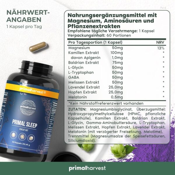 Primal Harvest® Schlaf Gut Kapseln (60 Stk) – Natürliche Mischung mit Apigenin, L-Tryptophan, Kamille und Baldrian - Kräutermischung als Melatonin-Alternative - In Deutschland hergestellt – Bild 2