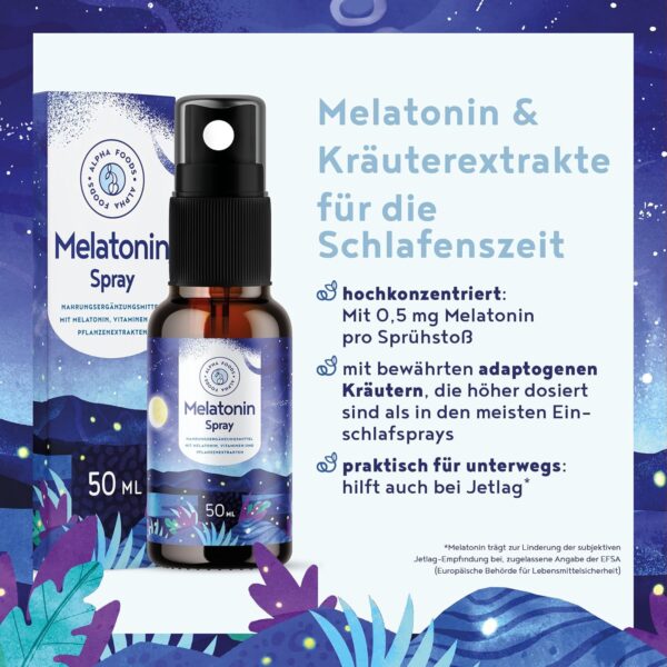 Melatonin Einschlafspray Hochdosiert - 400 Tage Vorrat (50ml) - mit Baldrian, Passionsblume, Melisse, Lavendel, Vitamin B6 & B1 - Sleep Spray ohne Alkohol - Vegan - Himbeer-Geschmack - Alpha Foods – Bild 4