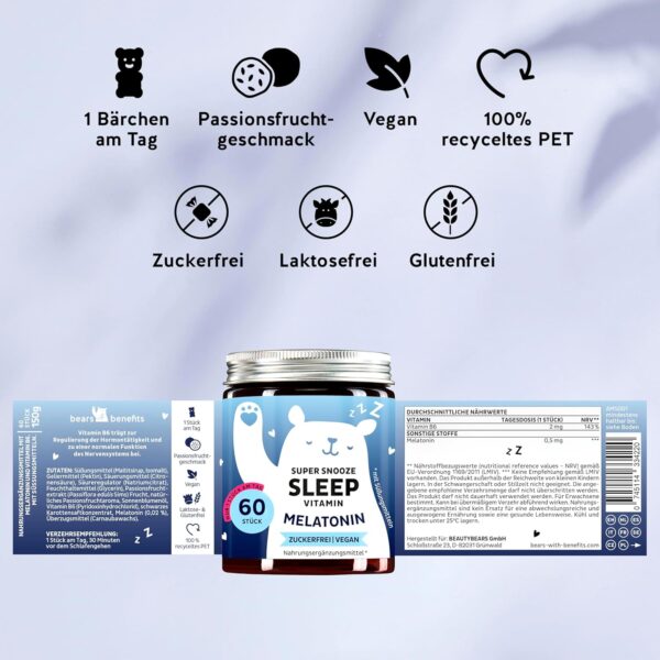 Melatonin 0,5 mg Gummibärchen – mit natürlichem Schlafhormon Melatonin & Vitamin B6 – trägt zur Linderung von Jetlag bei – 60 Stück – Vegan & Zuckerfrei – Bears with Benefits – Bild 6